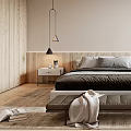 Modern Bedroom Interior With King Bed Nightstands Hanging Lamp Accent Chair And Abstract Art