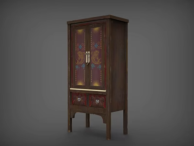 Vintage Dark Wood Hallway Side Cabinet With Carved Doors Colorful Accents And Drawer 3d model