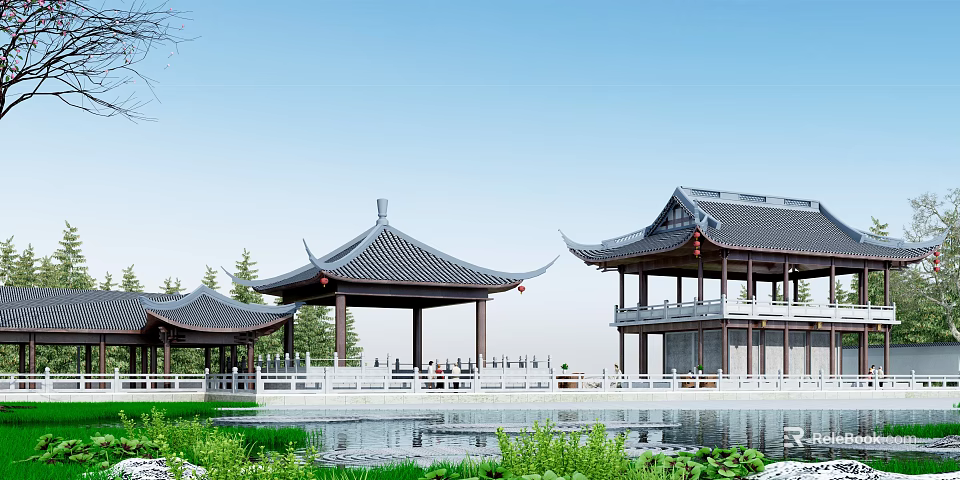 Traditional Chinese Garden With Ancient Pavilion Black Tile Roof And Serene Lake View 3d model 