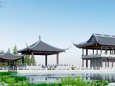 Traditional Chinese Garden With Ancient Pavilion Black Tile Roof And Serene Lake View 3d model