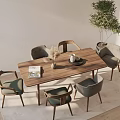 Modern Wooden Dining Table Set With Chairs Potted Plant And Decorative Items On Rug