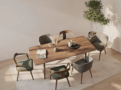 Modern Wooden Dining Table Set With Chairs Potted Plant And Decorative Items On Rug 3d model