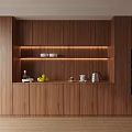 Elegant Wooden Wine Cabinet With Open Shelves Displaying Fruits And Tea Set