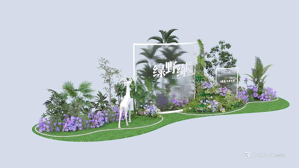 Art Installation With Green Plants White Deer Purple Flowers And Transparent Frame 3d model 