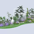 Art Installation With Green Plants White Deer Purple Flowers And Transparent Frame