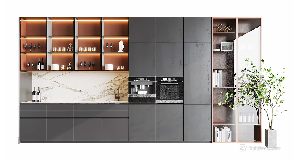 Modern Wine Cabinet Design With Glass Doors LED Lighting And Wooden Shelves 3d model 