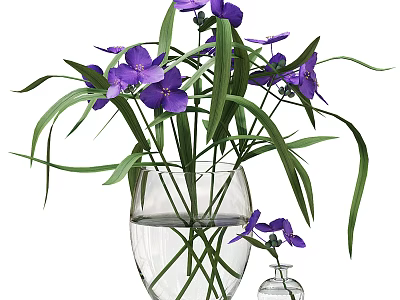 Transparent Glass Vase With Purple Flowers Green Leaves Water And Small Bottle 3d model