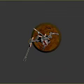 Sci Fi Game Movie Character With Mechanical Limbs And Spear Standing On Orange Base