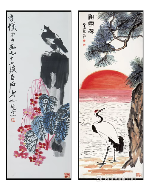 Traditional Chinese Painting Featuring Two Cranes Red Sun Pine Tree Rock And Flowers 3d model 