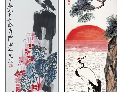 Traditional Chinese Painting Featuring Two Cranes Red Sun Pine Tree Rock And Flowers 3d model