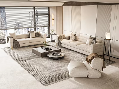 Modern Beige Sofa Coffee Table Set With Throw Pillows Rug And City View 3d model