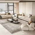 Modern Beige Sofa Coffee Table Set With Throw Pillows Rug And City View