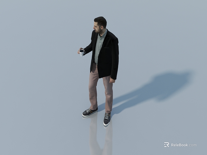 Man Standing In Black Jacket Light Shirt Brown Pants Holding White Cup On Light Floor 3d model 