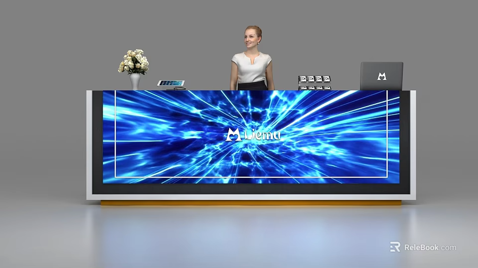 Modern Reception Desk With Large Digital Screen Blue Light Effects Milano Logo And Female Receptionist 3d model 