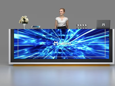 Modern Reception Desk With Large Digital Screen Blue Light Effects Milano Logo And Female Receptionist 3d model