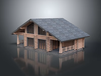 Traditional Log Cabin With Gray Shingle Roof Front Porch And Wooden Railing 3d model