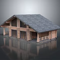 Traditional Log Cabin With Gray Shingle Roof Front Porch And Wooden Railing