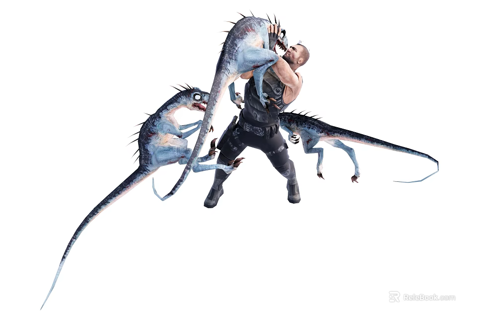 The Man Aggressively Fighting Three Blue Lizard Like Creatures In Battle 3d model 