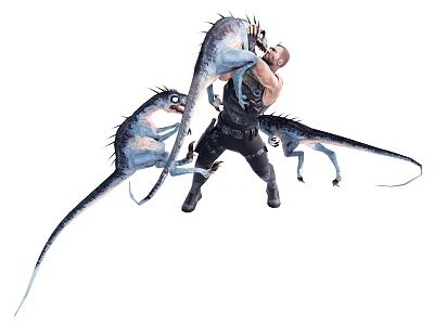 The Man Aggressively Fighting Three Blue Lizard Like Creatures In Battle 3d model