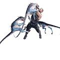 The Man Aggressively Fighting Three Blue Lizard Like Creatures In Battle 3d model