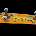 Orange Skateboard Deck With Yellow Spotted Design White Wheels And Metal Trucks