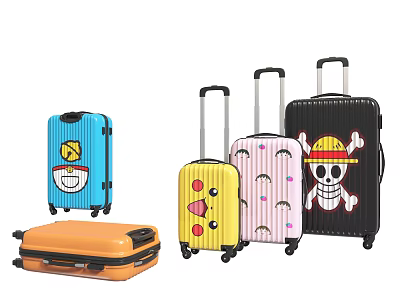 Colorful Travel Suitcases with Smiley Pikachu Rainbow Skull Patterns and Designs 3d model