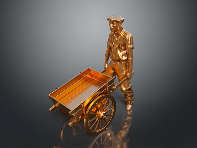 Golden Statue of Man Pushing Shiny Metallic Wheelbarrow with Smooth Surface 3d model