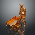 Golden Statue of Man Pushing Shiny Metallic Wheelbarrow with Smooth Surface