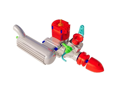 Industrial Equipment With Red Engine Silver Cylinder Green Connections And Red Tip 3d model