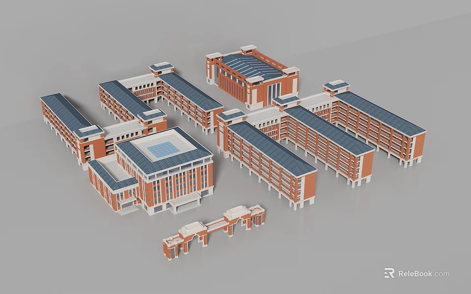 Red Brick School Buildings With Blue Roofs And Interconnected Architectural Layout Design 3d model