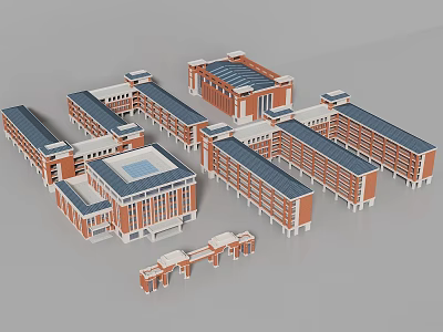Red Brick School Buildings With Blue Roofs And Interconnected Architectural Layout Design 3d model