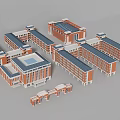 Red Brick School Buildings With Blue Roofs And Interconnected Architectural Layout Design 3d model