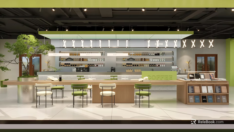 Modern Cafe Interior With Wooden Counter Green Chairs And Pendant Lighting 3d model 