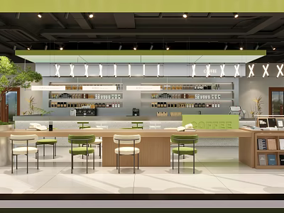Modern Cafe Interior With Wooden Counter Green Chairs And Pendant Lighting 3d model