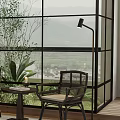 Home Balcony with Floor to Ceiling Windows Two Chairs Small Table Dark Cabinet and Green Plants