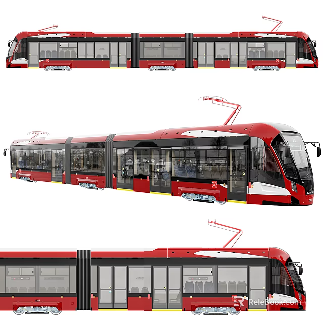 Red And White Modern Tram With Multiple Carriages Large Windows And Pantograph 3d model