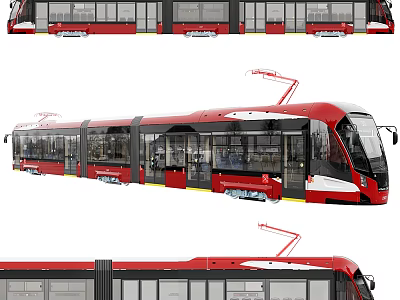 Red And White Modern Tram With Multiple Carriages Large Windows And Pantograph 3d model