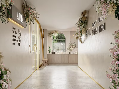 Elegant Store Front Desk Interior With AMMA Sign Floral Decorations Corridor And Wooden Counter 3d model