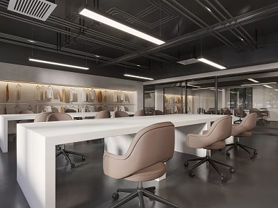 Modern Public Office Space With Open Layout White Desks Ergonomic Chairs And Hanging Lights 3d model