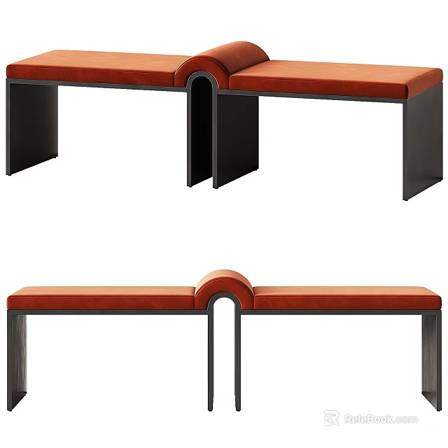 Modern Sofa Bench With Orange Cushion And Black Metal Frame Design 3d model 
