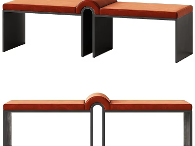 Modern Sofa Bench With Orange Cushion And Black Metal Frame Design 3d model