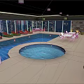 Cartoon Indoor Swimming Pool Scene With Blue Water Red Lounge Chairs And City Night View