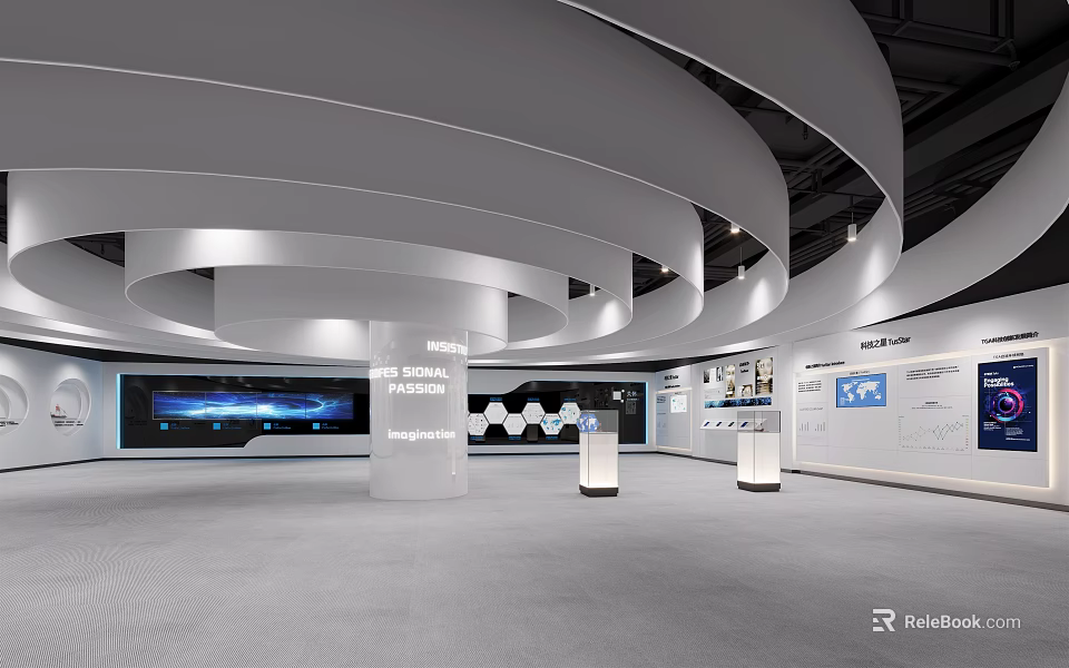 Modern Exhibition Hall Interior With Curved Ceilings Display Screens And Pillars 3d model 