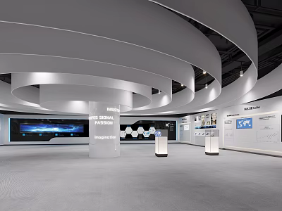 Modern Exhibition Hall Interior With Curved Ceilings Display Screens And Pillars 3d model