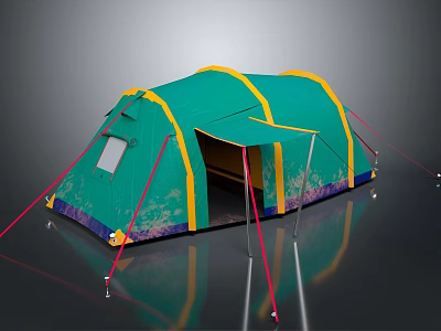 Green Camping Tent With Yellow Trim And Open Door For Outdoor Activities 3d model