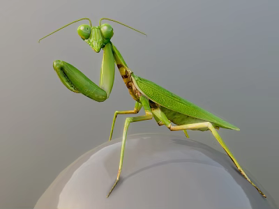 Close Up View Of Flying Insect Green Mantis Perched On Transparent Sphere 3d model