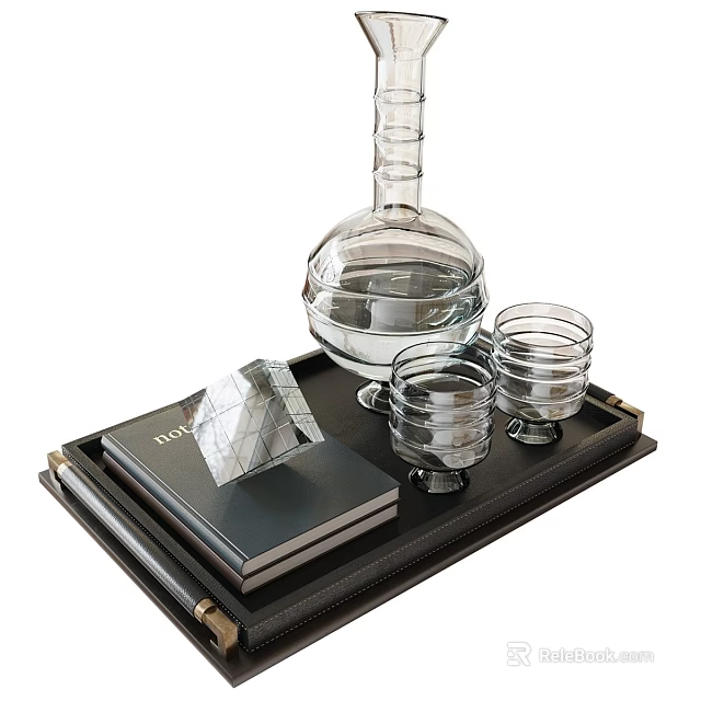 Stylish Decorative Ornament Set Including Black Tray Glass Decanter Tumblers Book And Geometric Ornament 3d model 