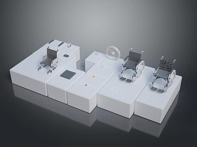 White Platform Setup With Multiple Wheelchair Models And Testing Equipment 3d model