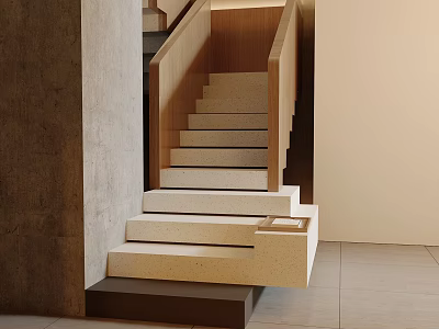 Modern Staircase Interior With Concrete Steps And Wooden Handrail Design Elements 3d model