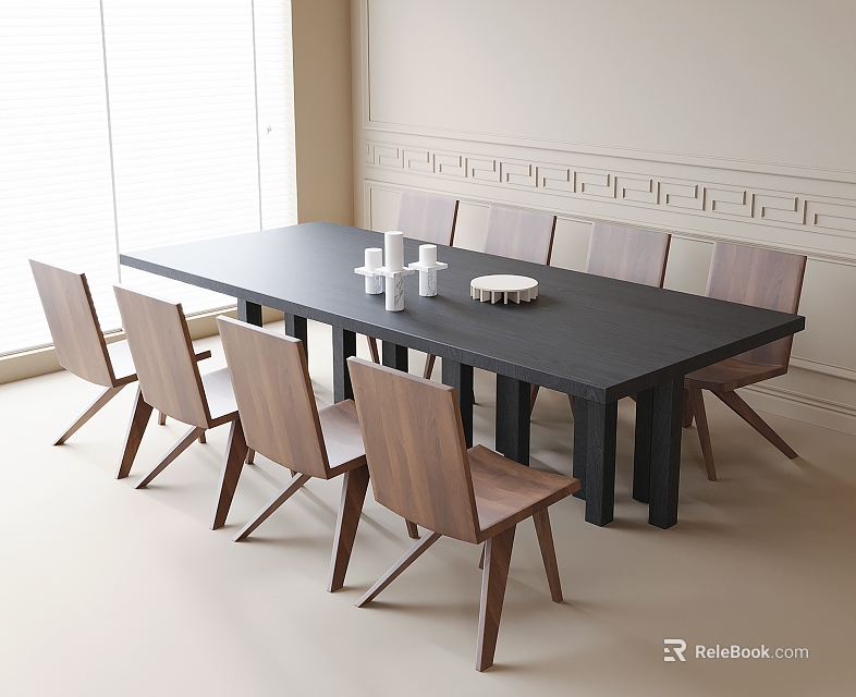 Minimalist Modern Interior With Black Long Table And Eight Wooden Chairs Light-Colored Walls White Shutters 3d model 
